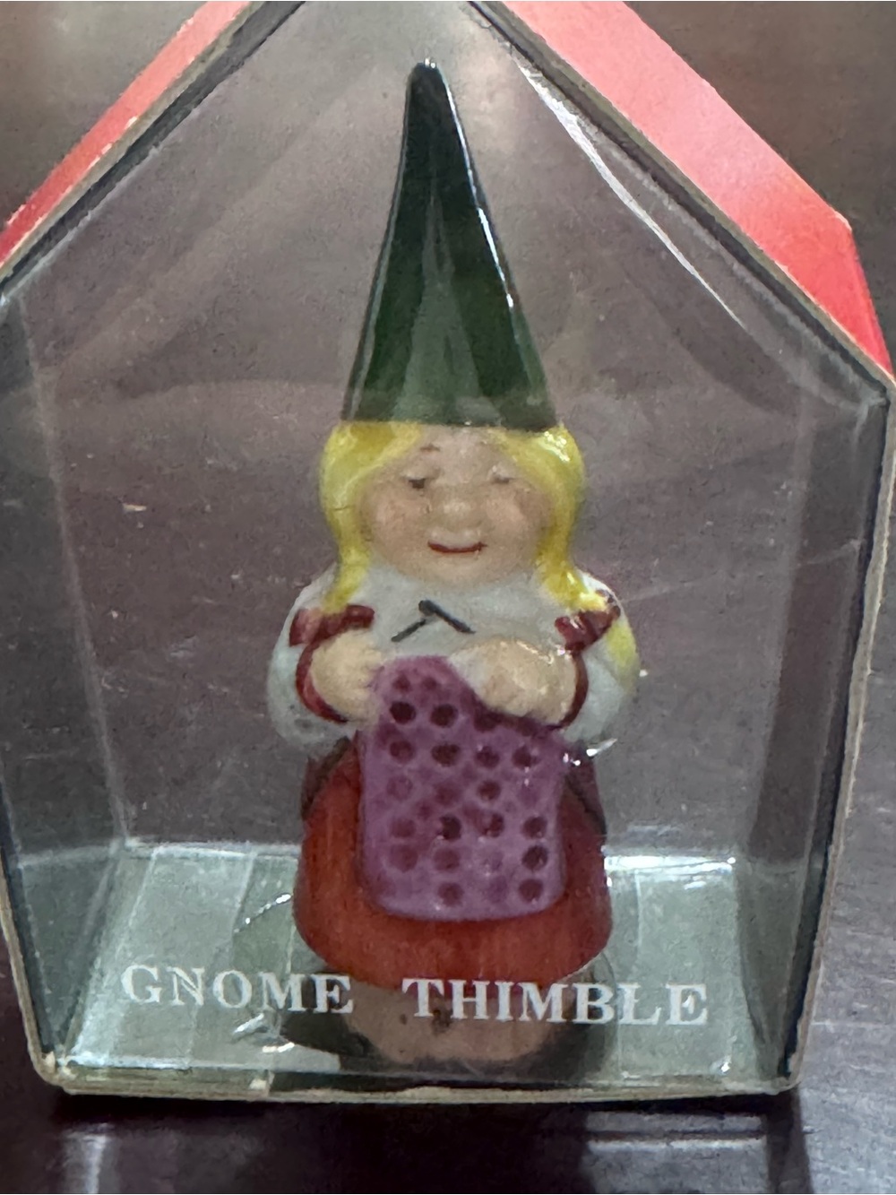 Ceramic Gnome Figurine 1979 UNIEBOEK with Pink Thimble and Orange Dress